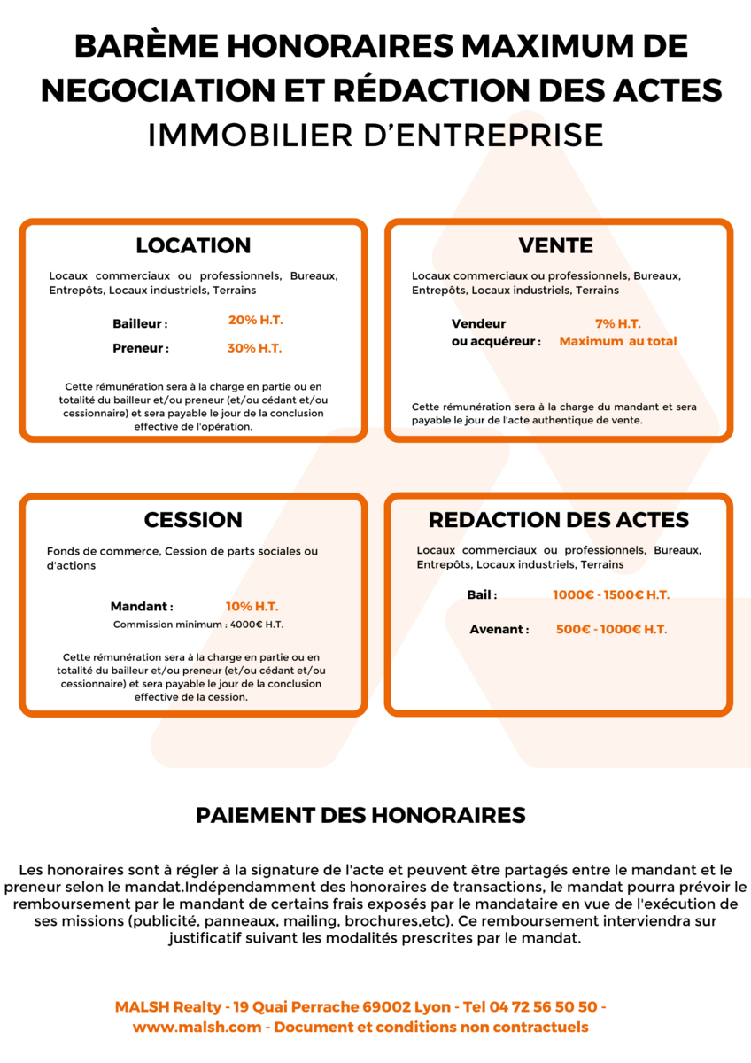Honoraires MALSH Realty - Transaction en immobilier d'entreprise - Location, Vente, Cession