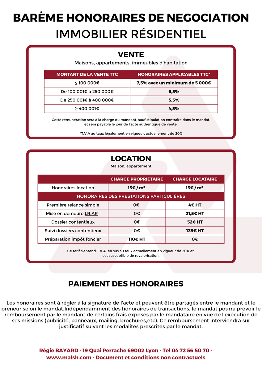 Honoraires Régie BAYARD - Transaction en Immobilier Résidentiel - Location, Vente, Appartement, Maison