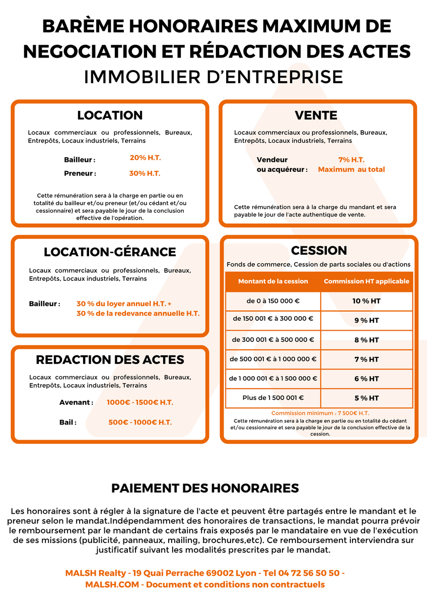 Honoraires MALSH Realty - Transaction en immobilier d'entreprise - Location, Vente, Cession Honoraires MALSH Realty - Transaction en immobilier d'entreprise - Location, Vente, Cession